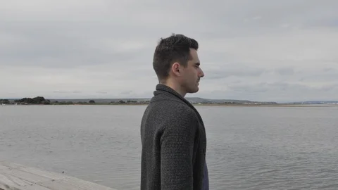 Man Deep breathing. Freedom Calm Man with beard in nature background. Blue ocean Video stock 108624672
