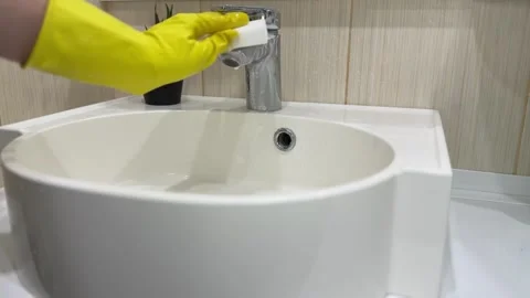 Man Deep Cleans Bathroom Sink with Gloves and Spray Stock Footage 310353013