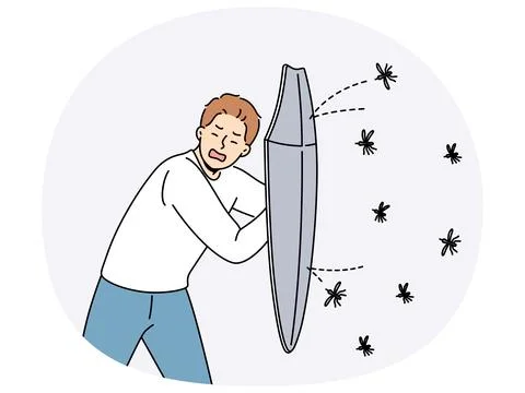 Man defends himself from mosquitoes using shield and screaming, need in Stock Illustration