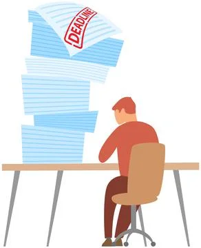 Man delays work deadline concept. Male character looking at document, does not Stock Illustration