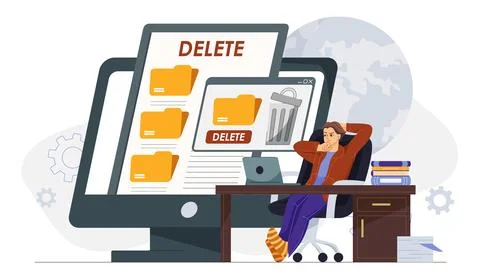 Man deleting files. Young guy deletes folders with files. Storage space Stock Illustration
