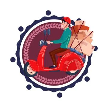 Man Deliver Boxes Riding Retro Scooter Delivery Service Icon Isolated Template Illustrazione stock