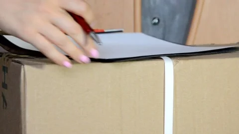 Man delivers goods packed in a box, signing documents 库存影片 133594210