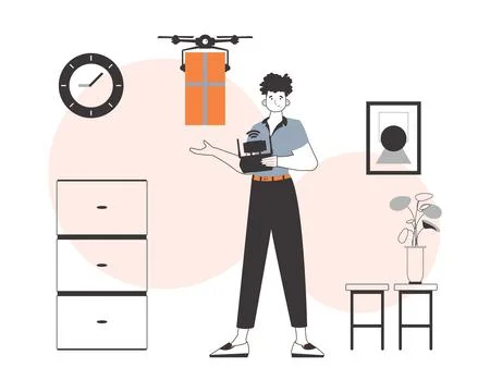 A man delivers a package by drone. Drone delivery concept. Linear style. Stock Illustration