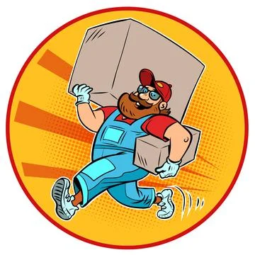 Man delivery courier, loader. A bearded man with a big box. Shopping and Stock Illustration