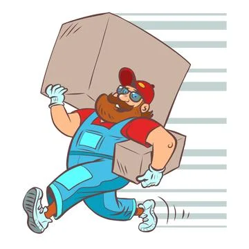 Man delivery courier, loader. A bearded man with a big box. Shopping and Stock Illustration