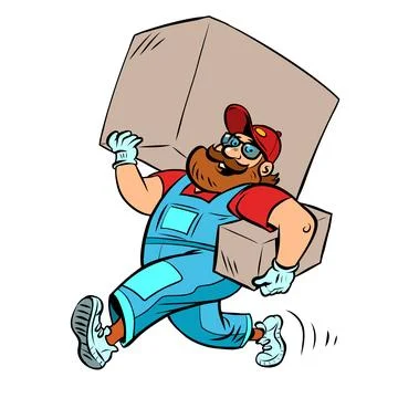Man delivery courier, loader. A bearded man with a big box. Shopping and Stock Illustration