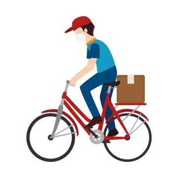 Man delivery male worker using face mask in bike with box carton Illustrazione stock