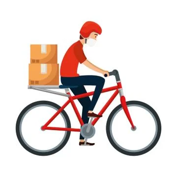 Man delivery male worker using face mask in bike with box carton イラスト素材
