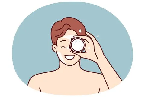 Man demonstrates jar of cream bought in cosmetic store to moisturize his face or Stock Illustration
