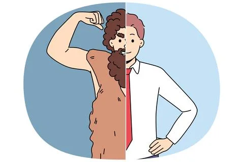 Man demonstrates progress of humanity and transformation into businessman from Illustrazione stock