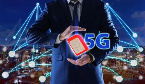 Man demonstrating 5G SIM card model and cityscape with connection lines on ba Stock Photos