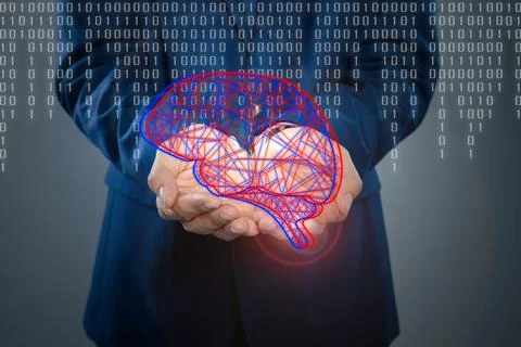 Man demonstrating digital image of brain on grey background, closeup. Machine Stock Photos