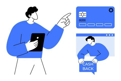 Man Demonstrating Digital Payment Processing with Cashback Offer Stockillustratie