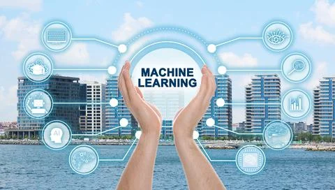 Man demonstrating machine learning model with linked icons and cityscape on b Stock Photos