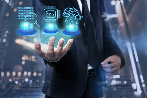 Man demonstrating machine learning model with different icons and night citys Stock Photos