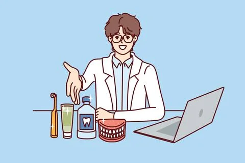 Man dentist pulls hand to screen, sitting at table with laptop and supplies for Stock Illustration