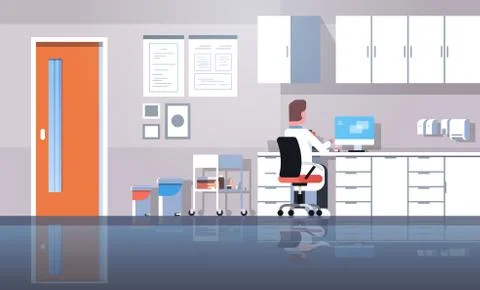 Man dentist sitting workplace using computer rear view doctor in uniform working Stock Illustration