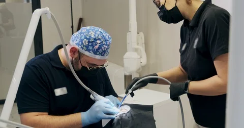 Man dentist's working at office. Two doctors of a dentist do air flow teeth Stock-Footage 129611134