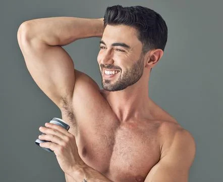 Man, deodorant and clean armpit with hygiene, routine and control sweat with Stock Photos
