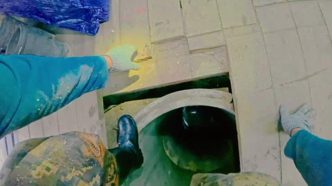 A man descends into a well without a rope or ladder. From the first person. Stock Footage 319428714