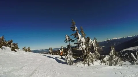 Man Descent on skis from the snow mountains Stock Footage
