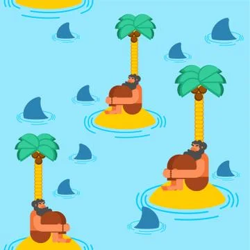 Man on desert island pattern seamless. cartoon vector background. Baby fabric Stock Illustration