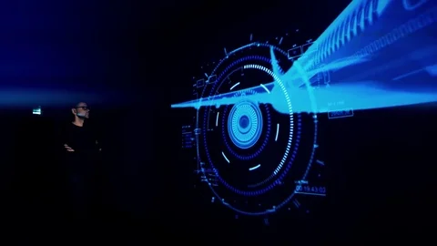 The man designer is exploring the 3D model of the aircraft. Stock Footage 77675545