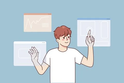 Man designer use touchpad access personal identification. Male using creative Illustrazione stock