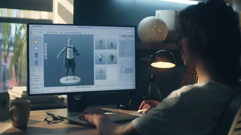 Man designing clothes in 3D modeling program Stock Footage 211798014
