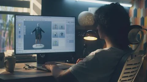 Man designing clothes in 3D modeling program Stock Photos