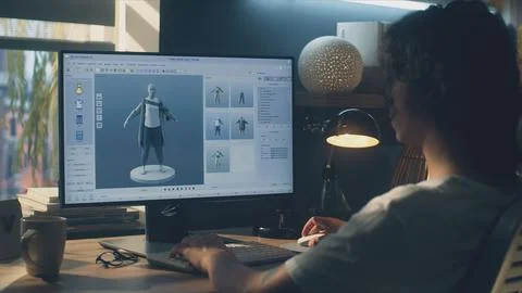 Man designing clothes in 3D modeling program Stock Photos