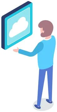 Man designs and creates application. Blue cloud storage button, data is stored Illustrazione stock