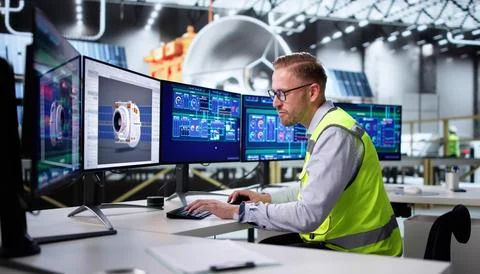 Man Designs And Develops Satellite 3D Model On Computer Monitor. Highly Skill 库存照片