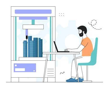 Man designs skyscrapers. Young guy with laptop work with templates of building Ilustración de archivo