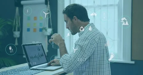 Man at desk placing mug, tapping pad, animated data marking business charts Stockbeeldmateriaal 331125636