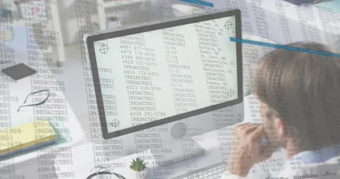 Man at desk reading medical data appearing with blue scan line sweeping monitor Stock Footage 318626424