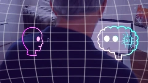 Man at desk starting with white line, forming AI brain over head, bubbles, Stock Footage 335466161