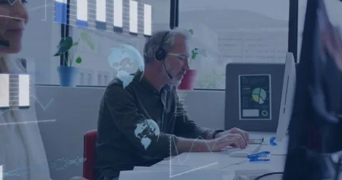 Man at desk typing using headset while animated tech UI graphics appearing Stock Footage 328485819