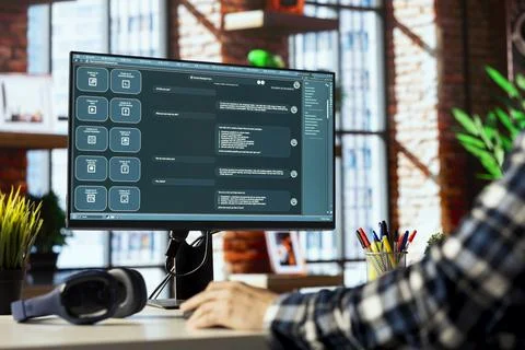 Man at desk using AI LLM chatbot software in apartment office to solve tasks Stockfoto's