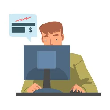 Man at Desktop Computer Analyzing Financial Profit Growth and Evaluating Revenue Stock Illustration