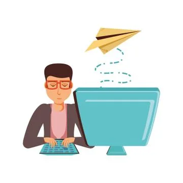 Man with desktop computer and airplane paper Stock Illustration
