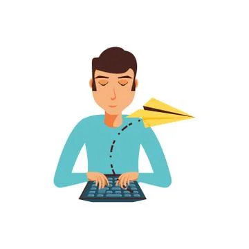 Man with desktop computer and airplane paper Stock Illustration