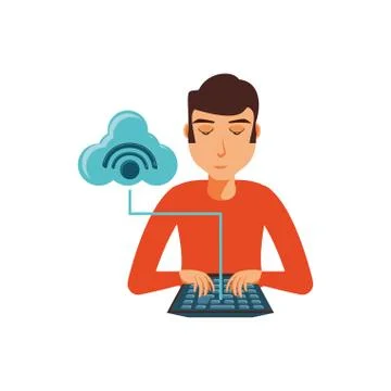Man with desktop computer and airplane paper Stock Illustration