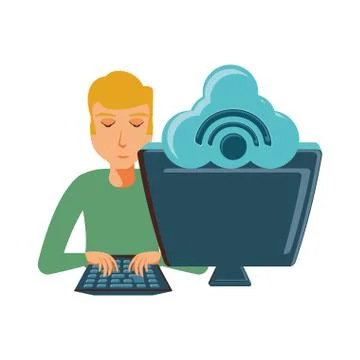 Man with desktop computer and cloud computing Illustrazione stock