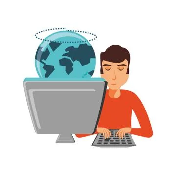 Man with desktop computer and planet earth Stock Illustration