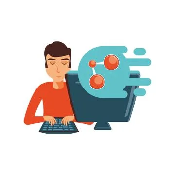 Man with desktop computer and share symbol Stock Illustration