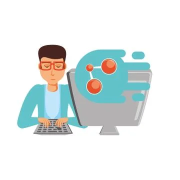Man with desktop computer and share symbol Stock Illustration