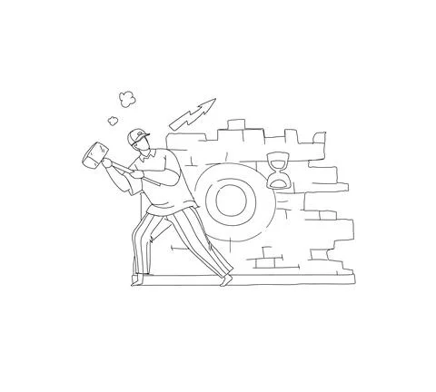 Man destroy brick wall outline vector drawing Illustrazione stock