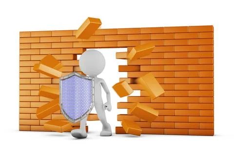 Man destroyed wall A man with a shield destroyed a brick wall. 3d render C... Stock Photos